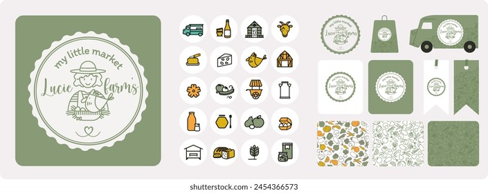 Logo for producer of organic, local, seasonal products. Brand identity, market gardener, farm sales, market, grocery store, graphic charter, label, profession, woman, farmer, label. - Powered by Shutterstock