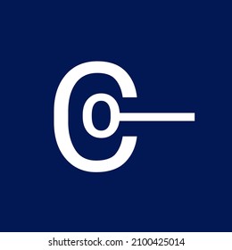 A logo in the shape of the letter C with a small circle right inside connected by a white rectangle on a navy blue background