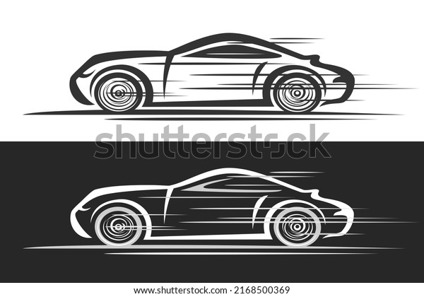 Logo for Sports Car, horizontal automotive\
banners with contour illustration of sport coupe in motion, black\
and white art car\
concept