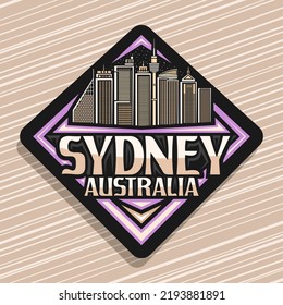 Logo For Sydney, Black Decorative Road Sign With Line Illustration Of Contemporary Sydney City Scape On Dusk Sky Background, Design Fridge Magnet With Unique Letters For Words Sydney, Australia