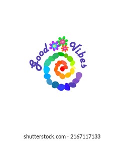 Logo template for yoga center with colorful pebbles spiral for chakra healing in rainbow colors and good vibes lettering on white background