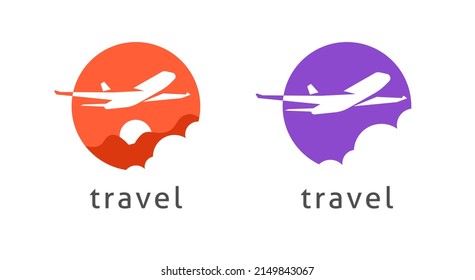 Logo travel by plane airline or flight by airplane jet tour concept logotype design, tourism aircraft service graphic round circle shape silhouette on sun sky and mountains company brand image - Powered by Shutterstock