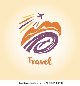 Logo Travel Company. Tourist Trip. The Aircraft In The Sky, Landscape. Hand-drawn Logo In A Circle.