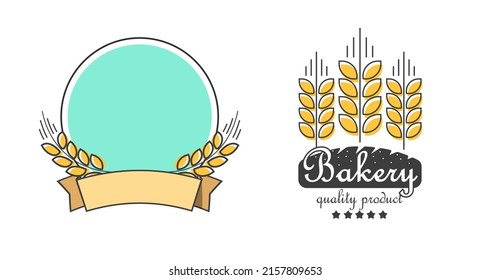 Logo Of Wheat Bread Bakery Or Barley Beer Brewery Logotype With Agriculture Cereal Oat Wreath Retro Vintage Label Illustration Line Outline Art Design Template Blank Empty, Round Circle Badge