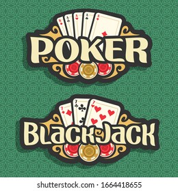 Logos For Poker And Black Jack On Green Seamless Pattern.