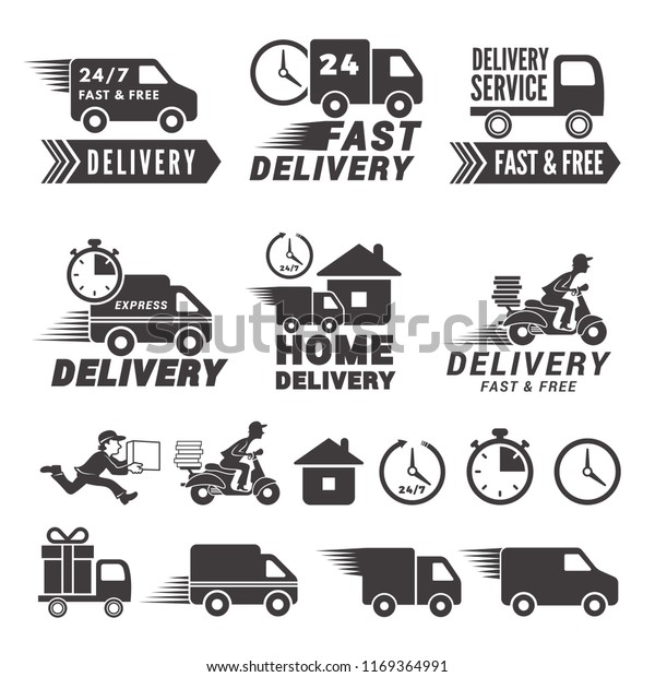 Logos set of fast\
delivery service. labels isolate on white. Illustration of delivery\
service fast and\
free