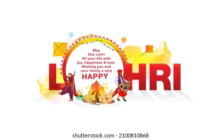 Lohri festival of Punjab India. Bonfire with sikh family celebrating, dancing and wishing greeting card banner design