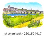 Loire River and city of Amboise, France, watercolor sketch illustration.