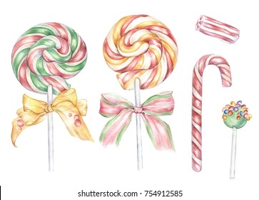 Lollipop, Candy cane. Watercolor illustration isolated on white background. Handmade drawing.
