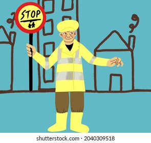 A Lollipop Man On The Road Illustration.