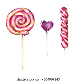Lollipops. Set. Watercolor drawing. Handmade drawing. Isolated on white