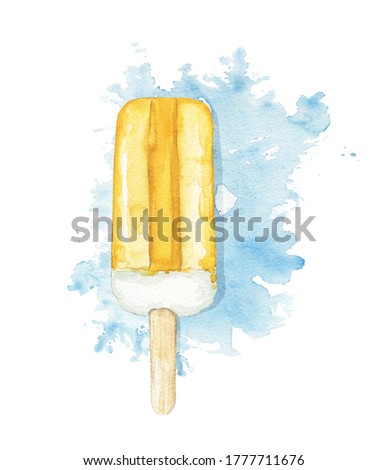 Lolly ice cream in yellow fruit ice glaze isolated on blue stain background. Watercolor hand drawn illustration