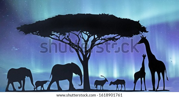 London, 2019. Generic Stock of African Animal vector with added composite Sky background. Is used for wall murals or wall art. The artwork is generic stock and there are no visible trademarks