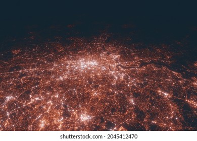 London Aerial View At Night. Top View On Modern City With Street Lights. Satellite View With Glow Effect