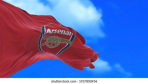 London , England - 24 February 2021 - Waving flag of English football club Arsenal F.C.