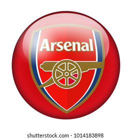 LONDON / ENGLAND - October 24, 2012: FC Arsenal logo on glossy button. Isolated on white backgound