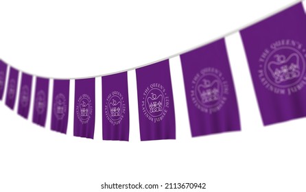 LONDON, UK - January 2022: Emblem logo for the celebration of the Queen of England's Platinum Jubilee celebrations on a hanging banner. 3D Rendering