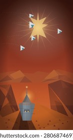A lone geometric tower with a glowing window stands on a barren polygonal landscape beneath a fiery orange sky where glowing triangular spacecraft orbit a radiant star.