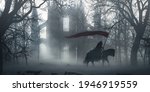 Lone king knight riding horse with a red flag on the lance in a winter snowy landscape near an old cathedral in ruins in a foggy cold morning - concept art - 3D rendering 