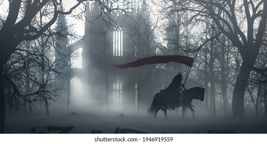 Lone king knight riding horse with a red flag on the lance in a winter snowy landscape near an old cathedral in ruins in a foggy cold morning - concept art - 3D rendering 