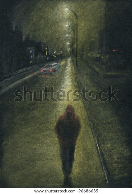 Lone man on\
the night city road. Night city, lone man on the road, back light\
effect. Pastel chalks on black\
paper.