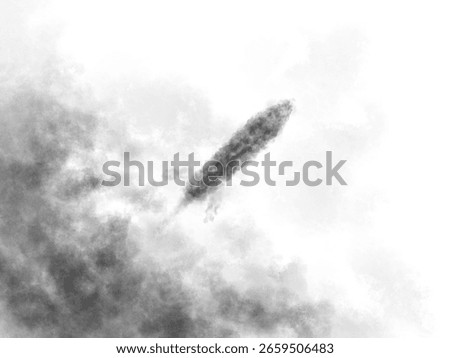 A lone rocket soars through dense clouds, leaving a smoky trail in this monochromatic, dramatic digital artwork. The image evokes themes of escape, ambition, and exploration, rendered in a soft, paint