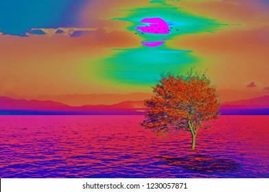 Lone Tree Sunset Illustration With A Maxfield Parrish Painting Filter.