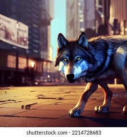 A Lone Wolf In The City. Dark City At Night. The Dark Wolf Goes Out To Hunt.