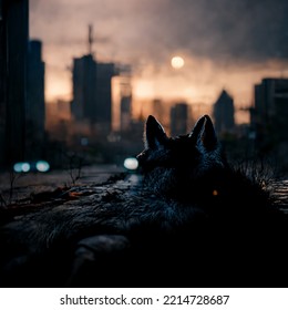 A Lone Wolf In The City. Dark City At Night. The Dark Wolf Goes Out To Hunt.