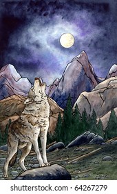 Lone Wolf Howling At Moon