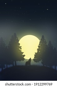 A Lone Wolf Howling To The Moon In The Middle Of Fantasy Wildlife