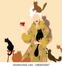 Lonely Beautiful Woman And A Lot Of Cats. Lady With A Towel On Her Head And In A Dressing Gown With A Glass Of Red Wine. Feminism. Girl And Black Cat. Red Lips And Manicure. Use As Wallpaper, Cover