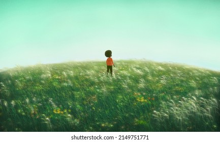 A Lonely Black Boy In A Grass Field. Concept Idea Of Freedom, Hope, Dream, And Inspiration. Nature Landscape Painting, 3d Illustration Of Child. Kid Life