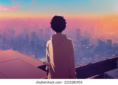 Lonely Boy, Standing Alone Looking Down At The City, 3D Illustration.