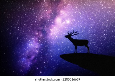 Lonely Deer On Cliff Edge. Animal Silhouette. Starry Sky And Milky Way