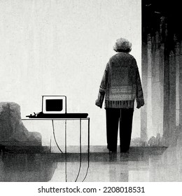 A Lonely Elderly Woman Stands Next To A Table And Looks Out The Window, A Laptop On The Table, A Black And White Illustration Made In A Minimalist Style.