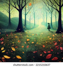 Lonely Girl Standing In The Forest On A Long Road With A Lot Of Falling Leaves Cartoon Art