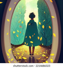 A Lonely Girl Standing In Front Of A Window View, Cartoon Illustration Art