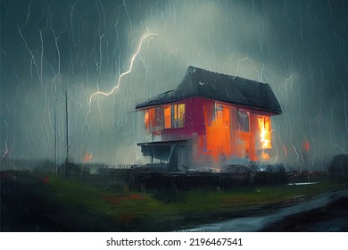 Lonely House In A Lightning Storm Getting Struck And Taking Damage. Spooky, Eerie And Ominous Skies And Clouds