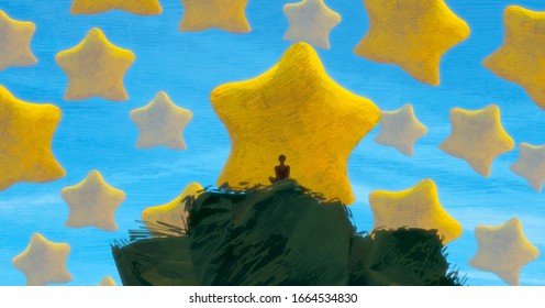 Lonely human. Object floating. Person on edge. Surreal scene. Standing Alone. Star symbol. Modern art. Unreal. Imaginary. 2d illustration. Drawing.
