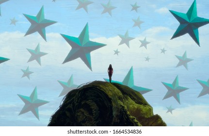 Lonely human. Object floating. Person on edge. Surreal scene. Standing Alone. Star symbol. Modern art. Unreal. Imaginary. 2d illustration. Drawing.