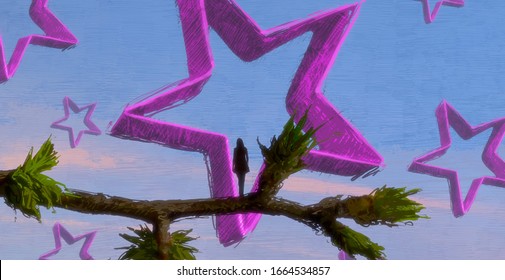 Lonely human. Object floating. Person on edge. Surreal scene. Standing Alone. Star symbol. Modern art. Unreal. Imaginary. 2d illustration. Drawing.