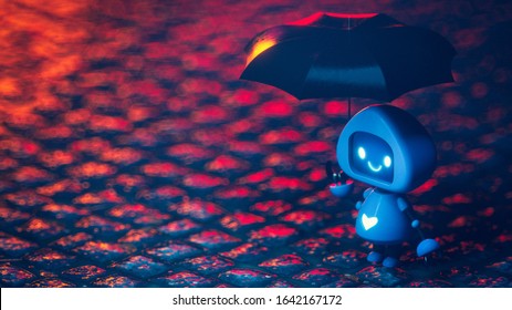 Lonely little cute blue robot with a glowing heart on his body stands with an umbrella on a wet sidewalk in a night scene with red bokeh light. Friendly bot with a smile on the screen. 3d illustration