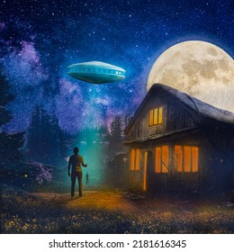 A Lonely Man Living In A House In The Middle Of A Forest, Watching An Alien Landing On Earth From An Saucer, He's Stunned, 3D Rendering