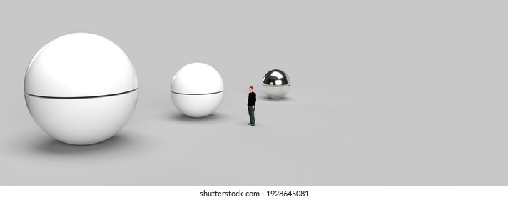 A lonely man in the middle of a big room with three giant spheres. 3d render