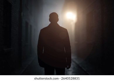 Lonely man in shadowy alley at night, facing glowing streetlight, showing concept of urban insecurity, violence, crime, risk, thriller scene