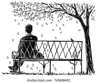 Lonely Man Sits On The Park Bench