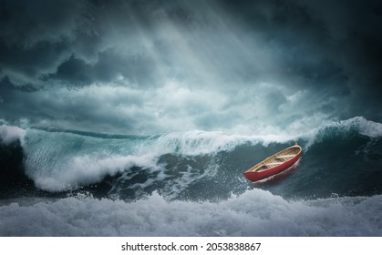 Lonely Red Boat In The Middle Of A Raging Storm. 3d Illustration.