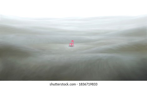 Lonely Red Chair In Surreal Landscape , Alone Solitude Sadness Depression And Loneliness Concept, Painting Illustration, Conceptual Art