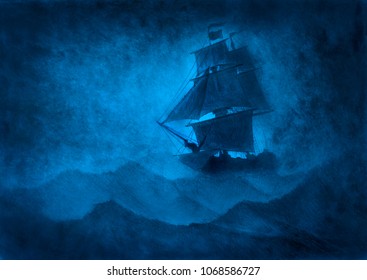 lonely sailing ship in a storm